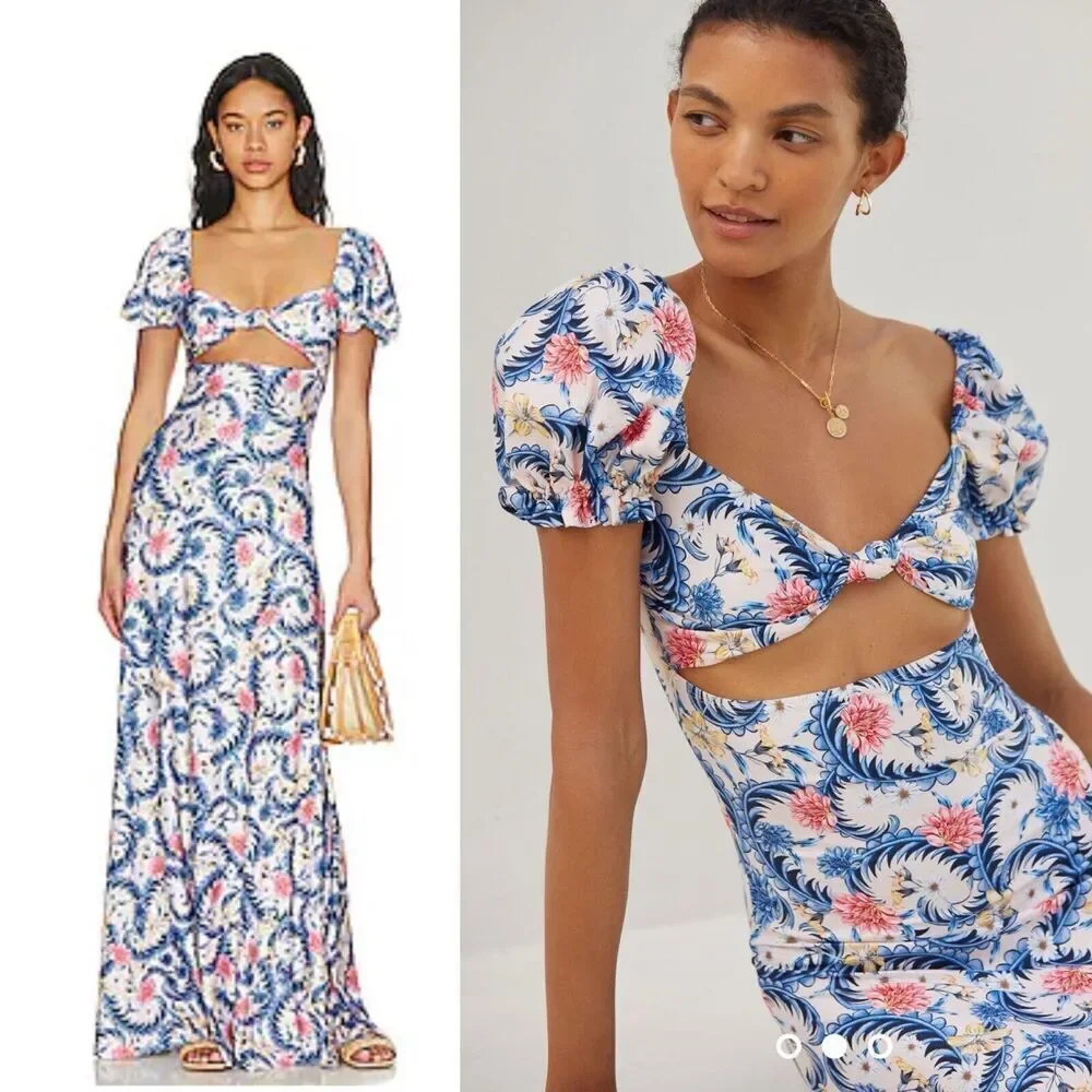 Agua Bendita Blue and Pink Floral Maxi Dress - Picture 1 of 13